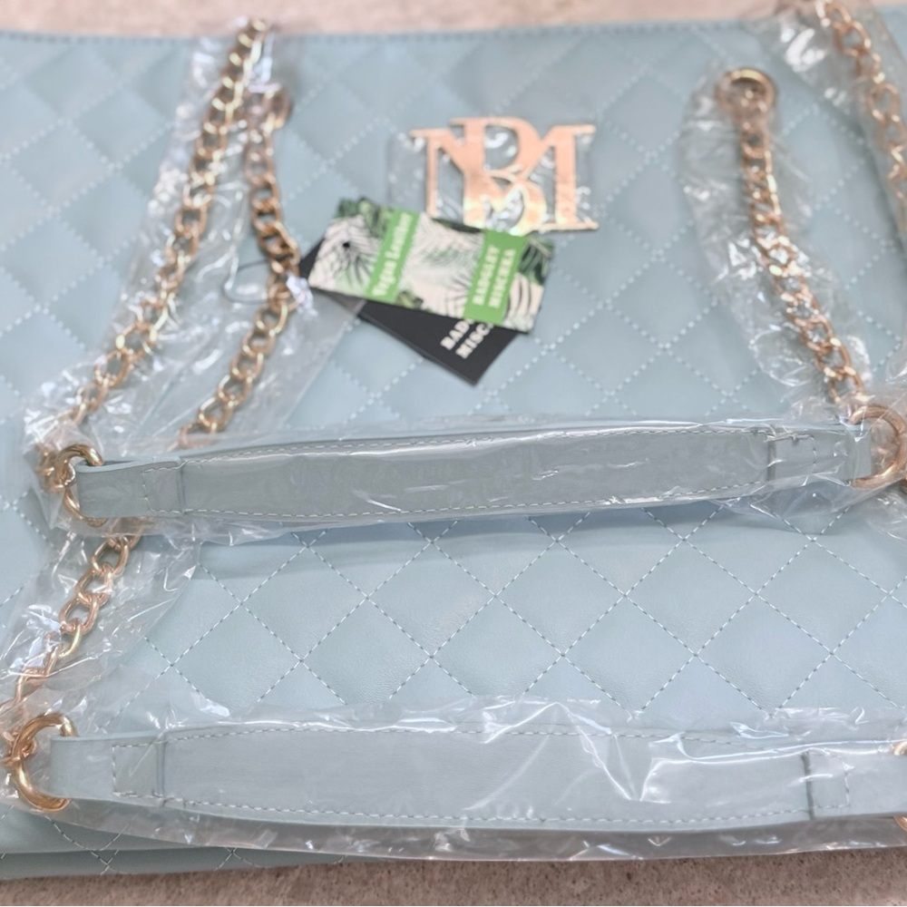 Badgley Mischka Quilted Vegan Leather Tote – Blue with Gold Chain Straps – NWT